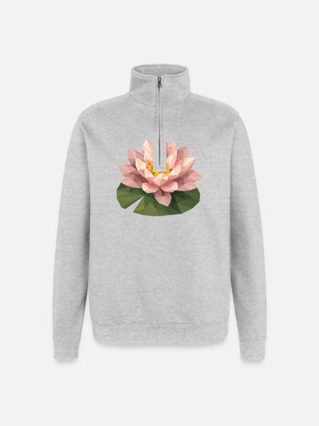 Nénuphar polygonal rose sur feuille verte - Sweat à zip 1/4 - gris chiné