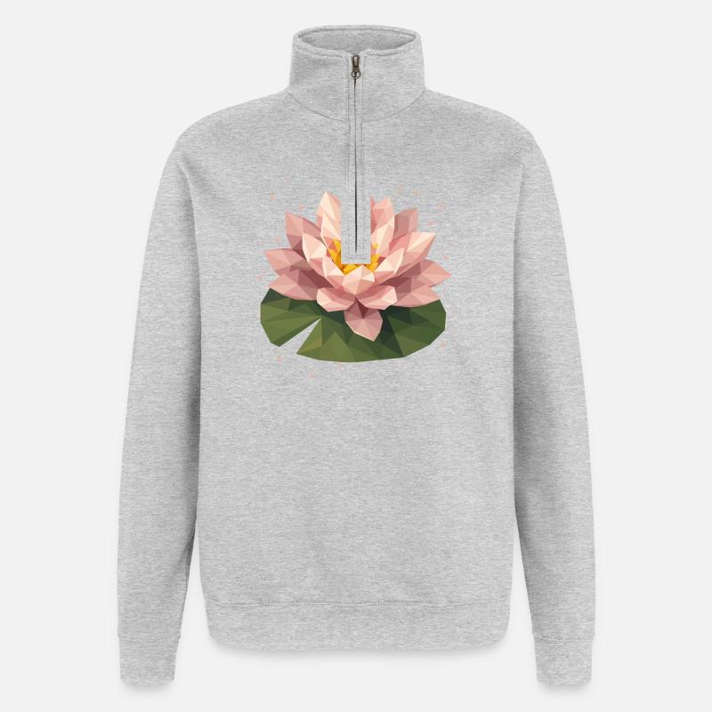 Nénuphar polygonal rose sur feuille verte - Sweat à zip 1/4 - gris chiné