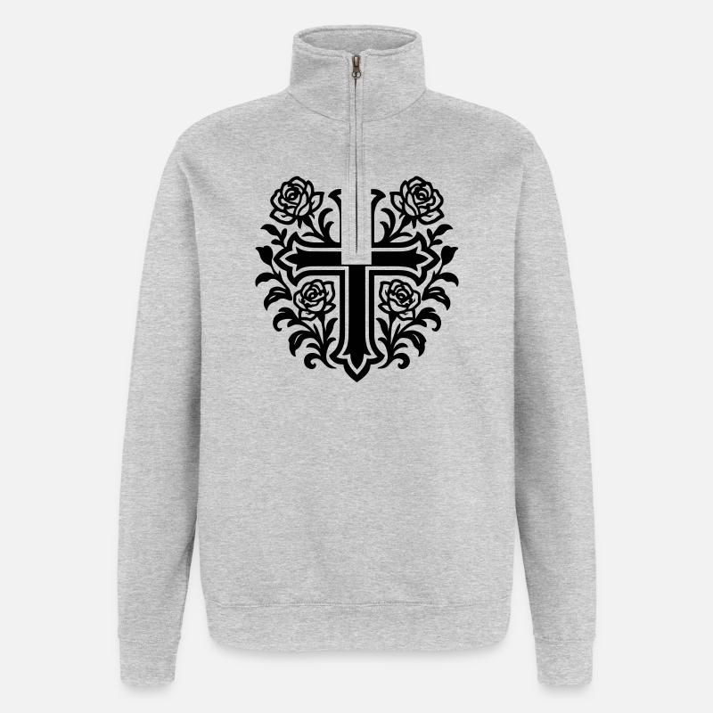 Roses à symbole de croix - Sweat à zip 1/4 - gris chiné