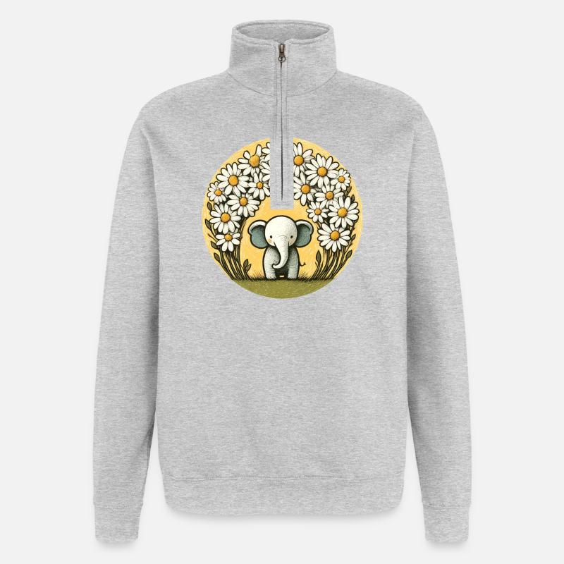Elefant im Gänseblümchen-Ring - Quarter-Zip-Sweatshirt - Grau meliert