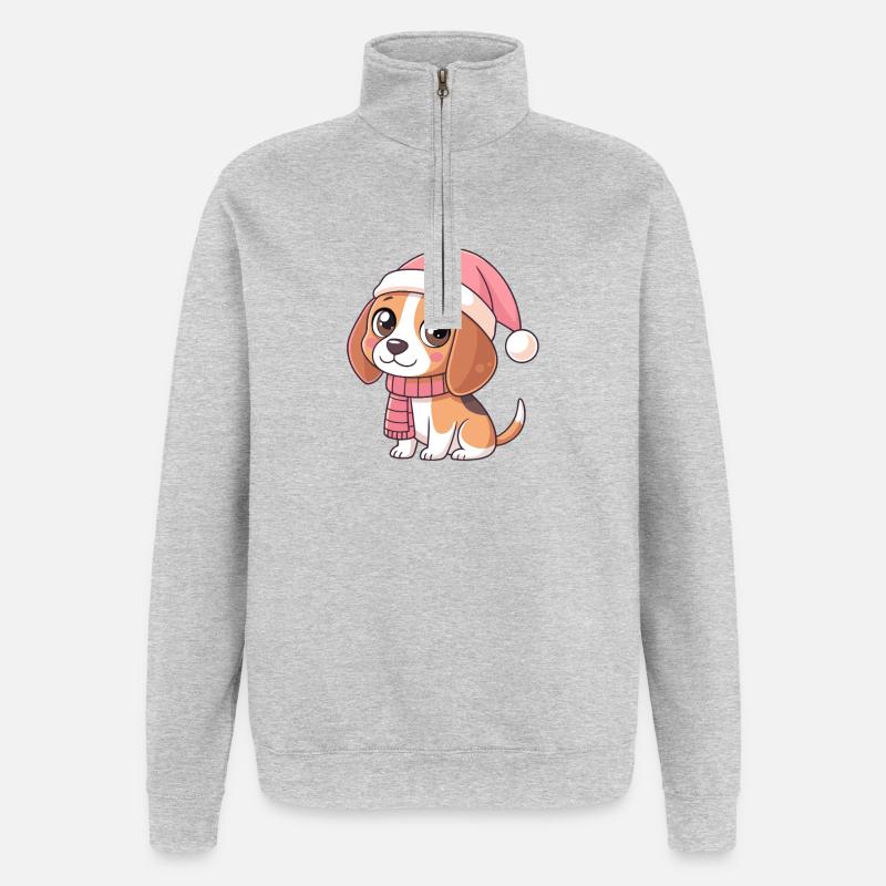 Pinker Weihnachtswelpe mit Hut und Schal - Quarter-Zip-Sweatshirt - Grau meliert