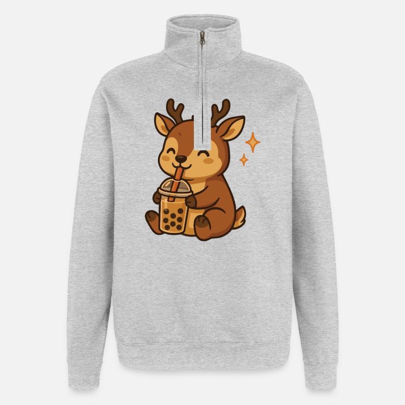 Hirsch mit Bubble Tea kawaii Hirsch - Quarter-Zip-Sweatshirt - Grau meliert