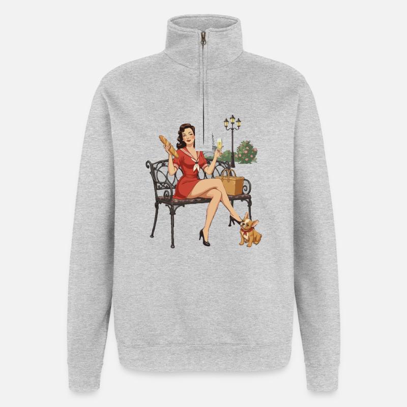 Pin-up de Paris sur le banc - Sweat à zip 1/4 - gris chiné