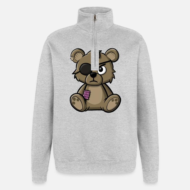 Teddybär mit Augenklappe - Quarter-Zip-Sweatshirt - Grau meliert