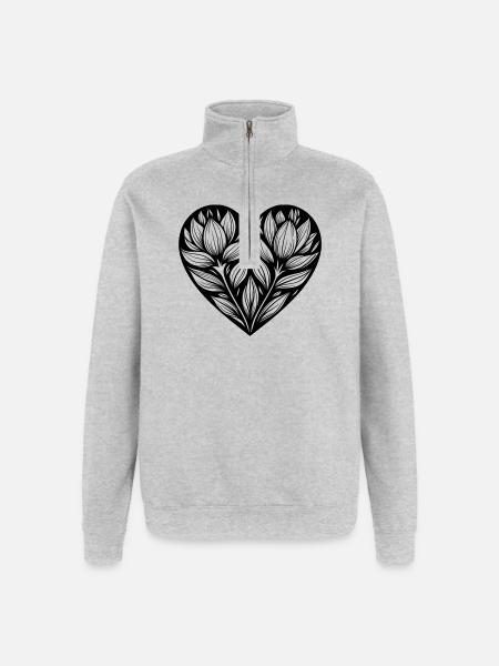 Grafische Pflanze im Herz - Quarter-Zip-Sweatshirt - Grau meliert