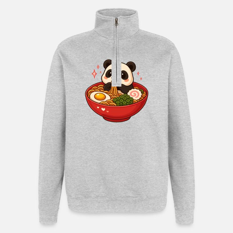 Panda con noodles e ramen kawaii panda - Felpa con zip 1/4 - grigio melange