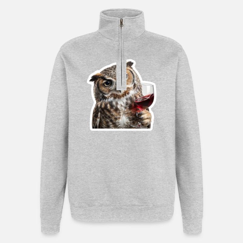 Weise Eule beim gemuetlichen Weinabend - Quarter-Zip-Sweatshirt - Grau meliert