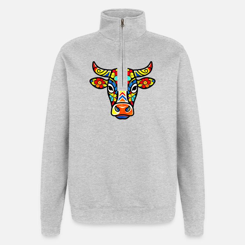 Kuhkopf bunte Blumen - Quarter-Zip-Sweatshirt - Grau meliert