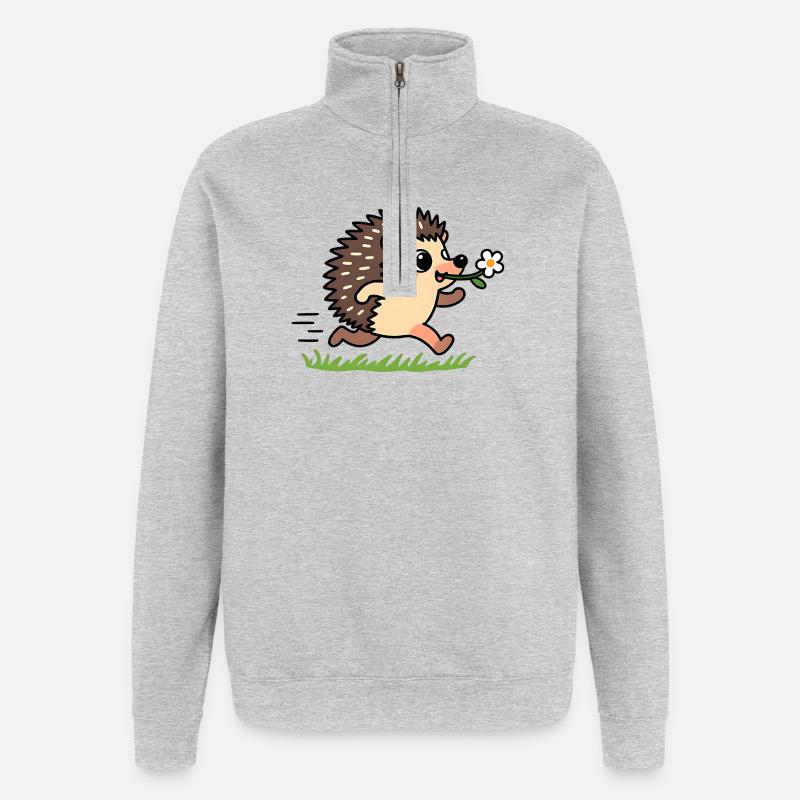 Hérisson avec une fleur - Sweat à zip 1/4 - gris chiné