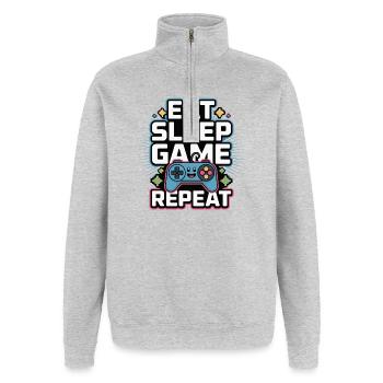 Essen, Schlaf Spiel Wiederholen - Quarter-Zip-Sweatshirt - Grau meliert - Vorne - AI Model Female 172 light (172cm) & AI Model Male 178 dark (178cm)