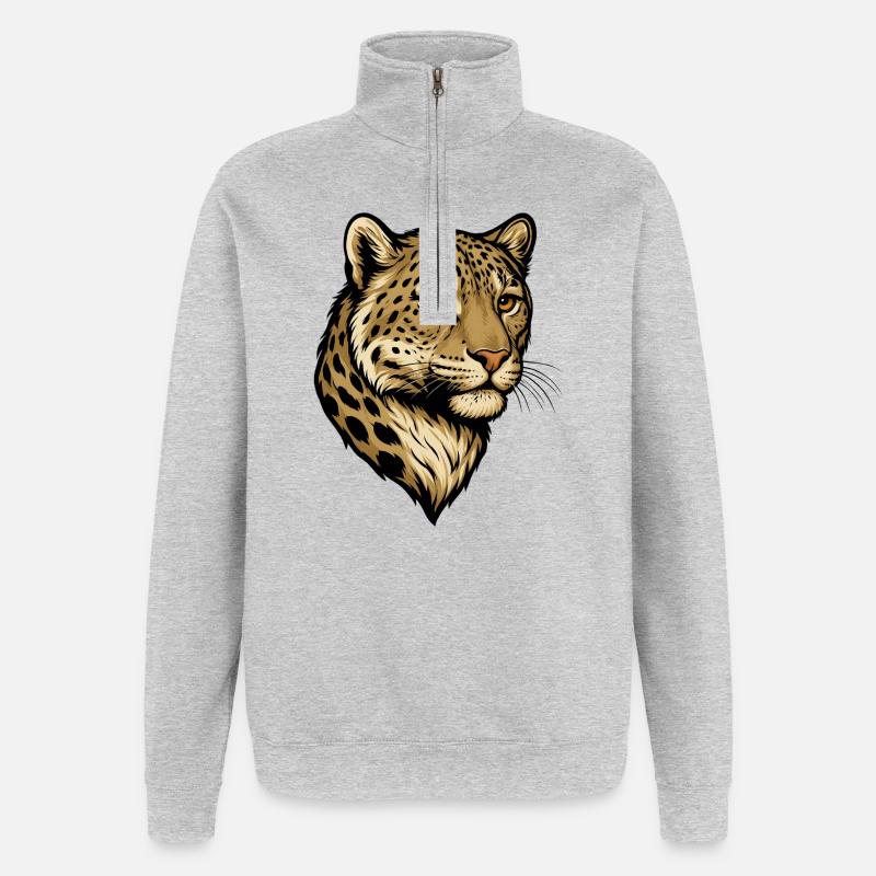 Illustration de tête de léopard - Sweat à zip 1/4 - gris chiné