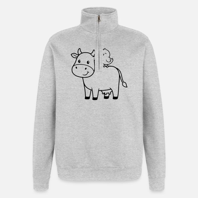 Vache mignonne avec amitié d’oiseau - Sweat à zip 1/4 - gris chiné