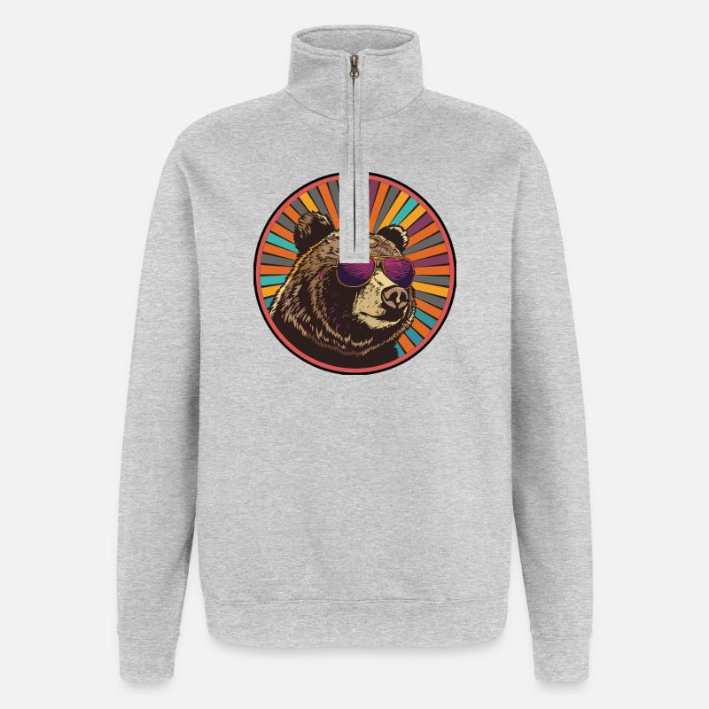Bär mit Retro-Sonnenbrille - Quarter-Zip-Sweatshirt - Grau meliert