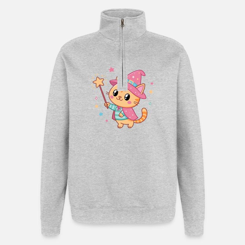 Chat Sorcier Étoilé Magicien - Sweat à zip 1/4 - gris chiné