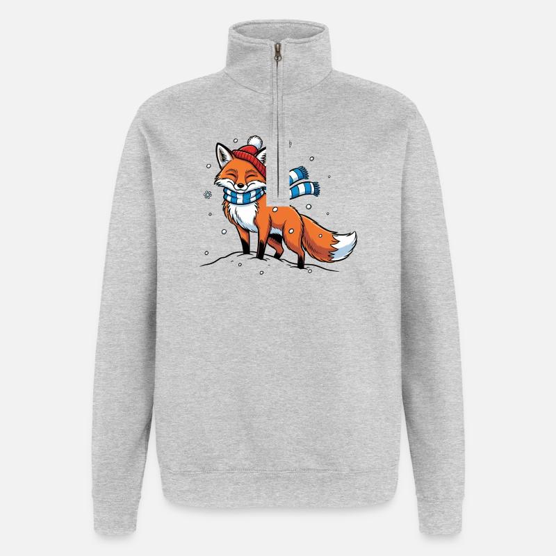 Renard d’hiver avec écharpe - Sweat à zip 1/4 - gris chiné