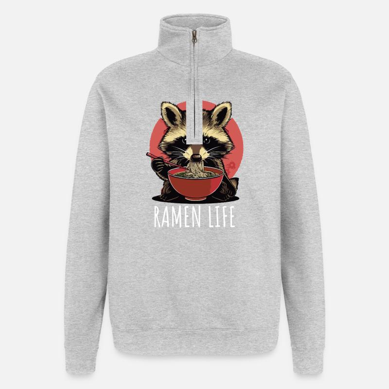 Ramen Life Waschbär - Quarter-Zip-Sweatshirt - Grau meliert