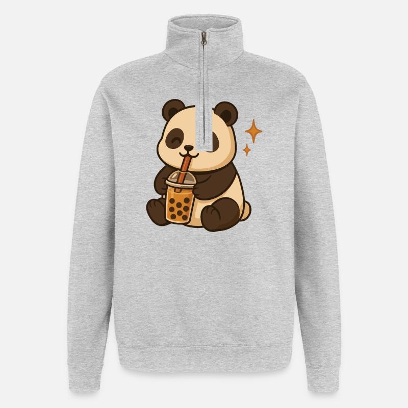 Panda avec bubble tea kawaii panda - Sweat à zip 1/4 - gris chiné