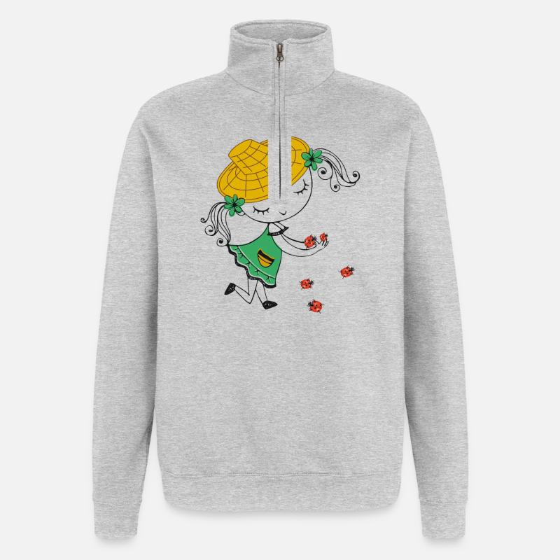 Mädchen mit Strohhut und Marienkäfer - Quarter-Zip-Sweatshirt - Grau meliert