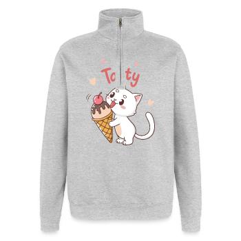 Leckere Eiscreme-Gourmetkatze - Quarter-Zip-Sweatshirt - Grau meliert - Vorne - AI Model Female 172 light (172cm) & AI Model Male 178 dark (178cm)