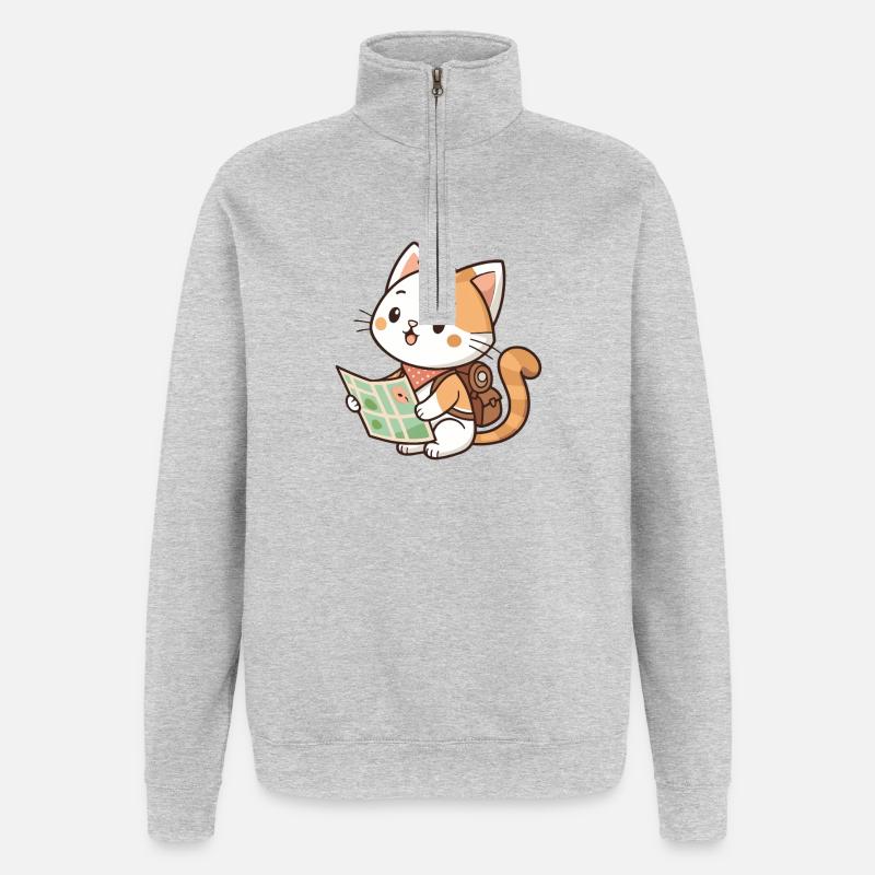 Chat explorateur kawaii lisant carte - Sweat à zip 1/4 - gris chiné