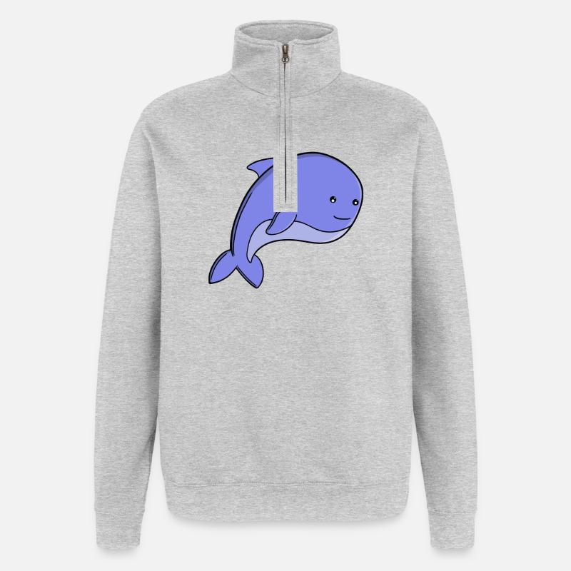 Süßer blauer Fisch-Kawaii-Delfin- oder Schweinswal-Cartoon - Quarter-Zip-Sweatshirt - Grau meliert