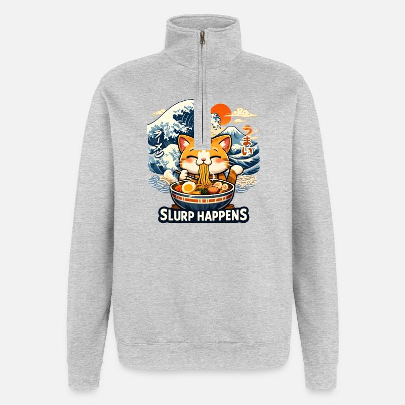Ramen Neko Great Wave - Quarter-Zip Sweatshirt - heather grey