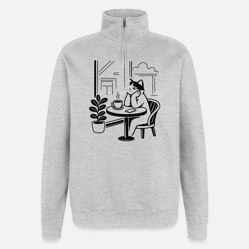 Nachdenkliche Katze Café - Quarter-Zip-Sweatshirt - Grau meliert
