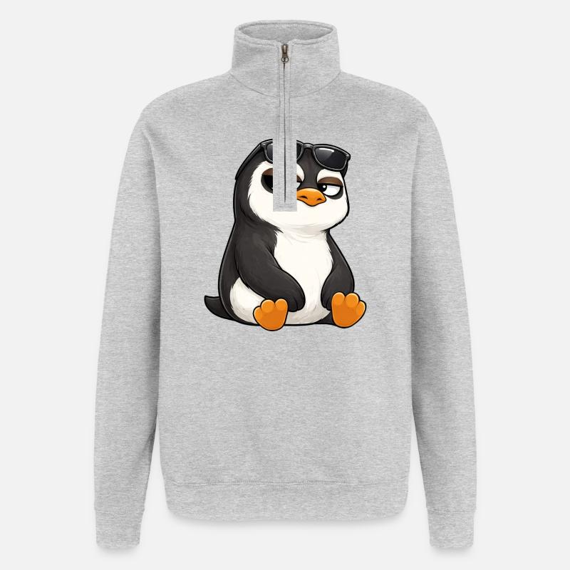 Coole Cartoon Pinguin mit Sonnenbrille skeptisch - Quarter-Zip-Sweatshirt - Grau meliert