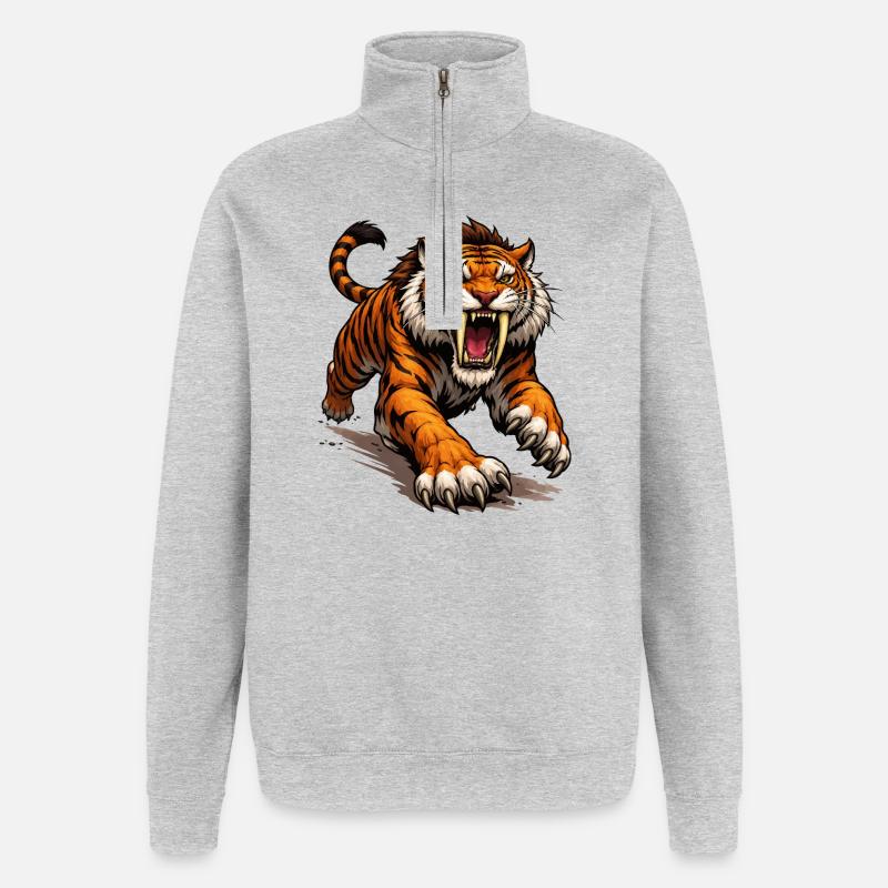 Comic Tiger Angriff - Quarter-Zip-Sweatshirt - Grau meliert