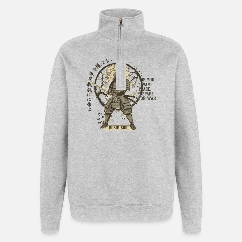 Bushi Seele Samurai in Blüten - Quarter-Zip-Sweatshirt - Grau meliert