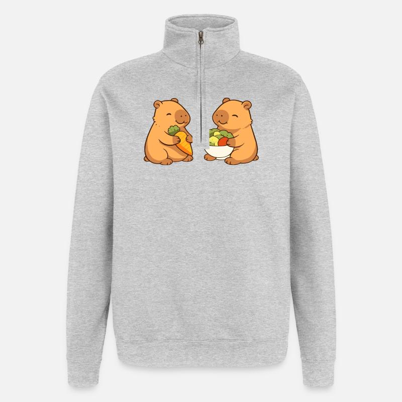 Capybara Paar mit Gemüse – entspannt & niedlich - Quarter-Zip-Sweatshirt - Grau meliert