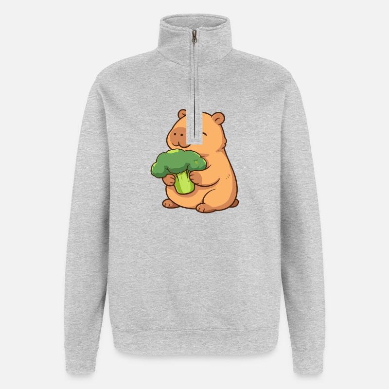 Capybara with broccoli – relaxed & cute - Quarter-Zip Sweatshirt - heather grey
