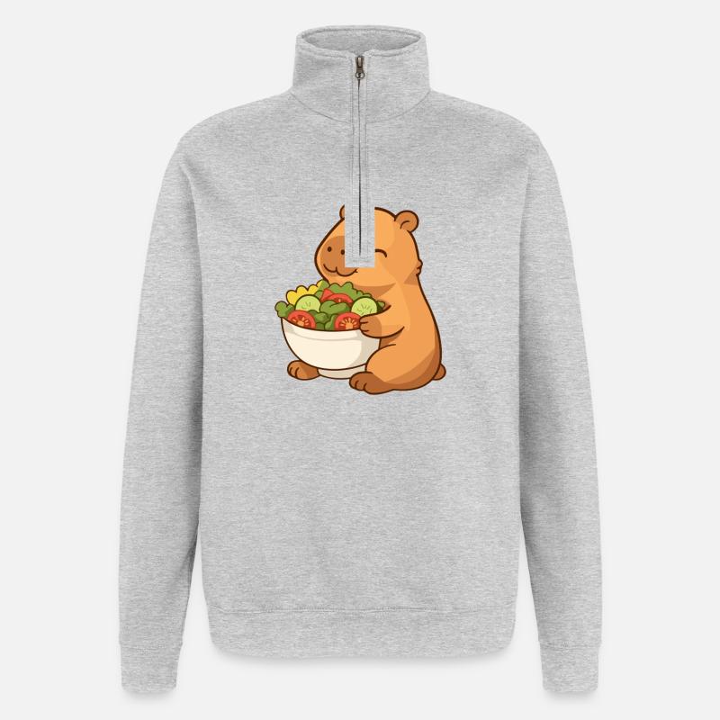 Capybara mit bunter Salatschüssel - Quarter-Zip-Sweatshirt - Grau meliert