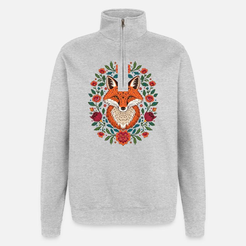 Fuchs im Blütenkranz Farbexplosion - Quarter-Zip-Sweatshirt - Grau meliert