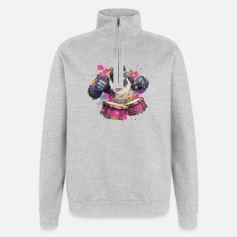 Bunter Affe am Trommelset - Quarter-Zip-Sweatshirt - Grau meliert