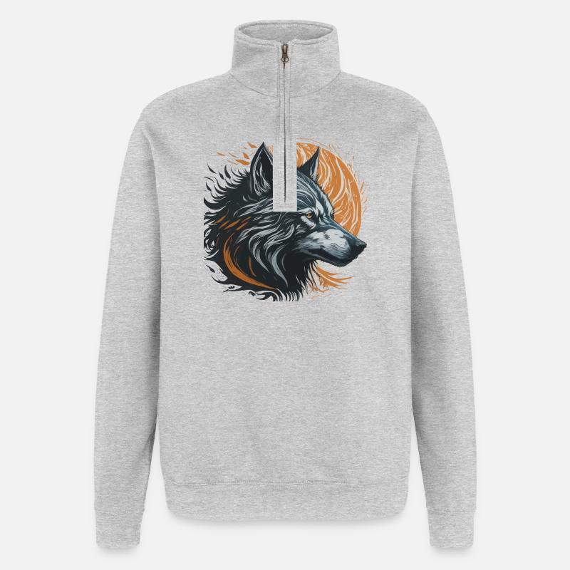 Loup noir sous lune dorée - Sweat à zip 1/4 - gris chiné