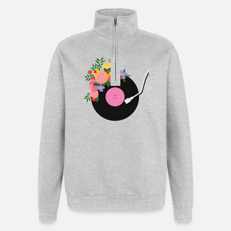 Disque vinyle fleuri - Sweat à zip 1/4 - gris chiné