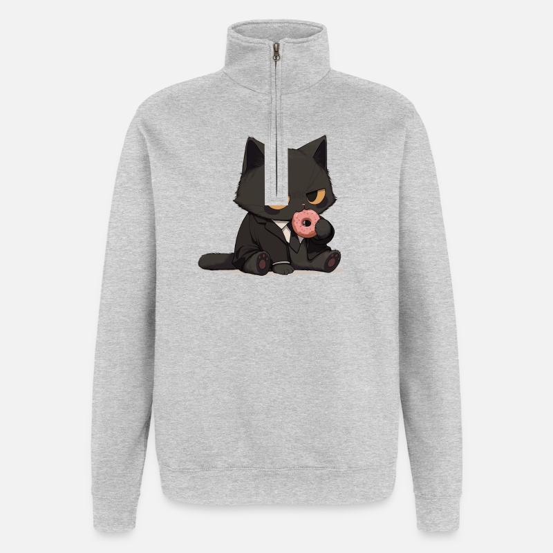 Chat en costume avec un beignet - Sweat à zip 1/4 - gris chiné