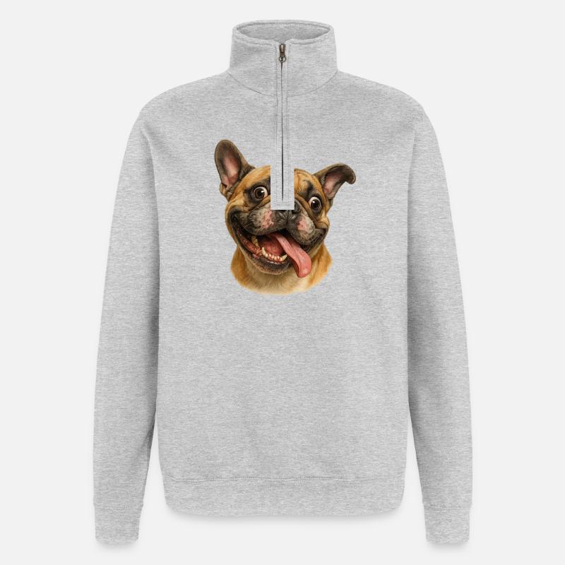 Tête de chien joyeuse avec langue - Sweat à zip 1/4 - gris chiné