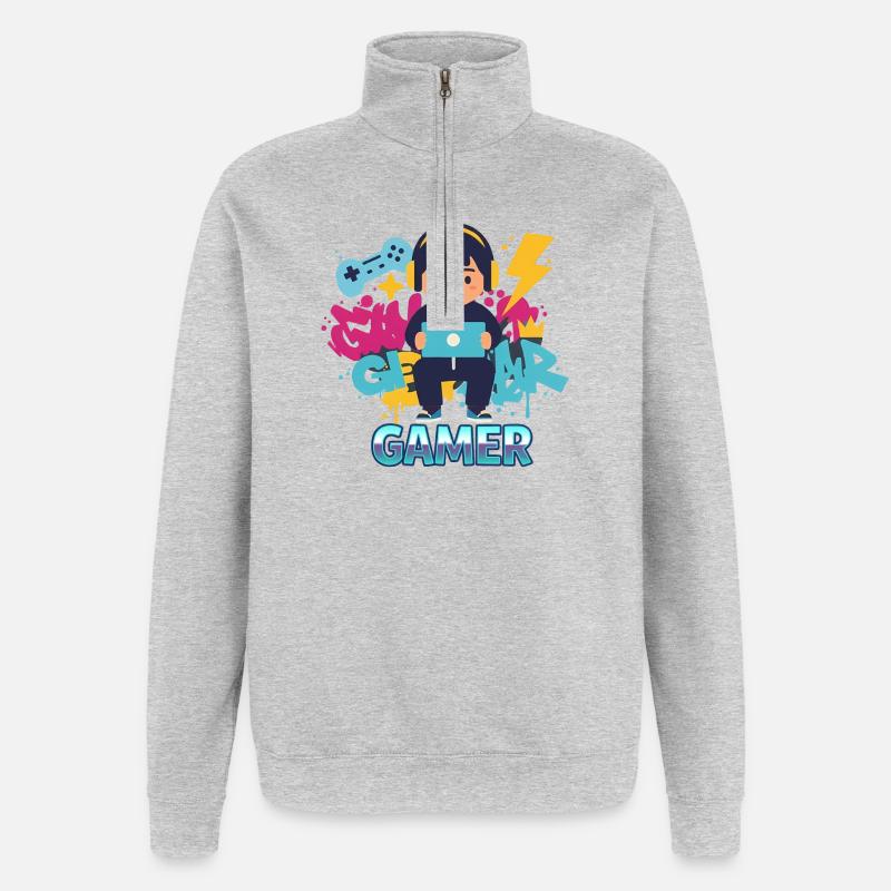 Gamer Kid mit Gamepad und Kopfhörern - Quarter-Zip-Sweatshirt - Grau meliert