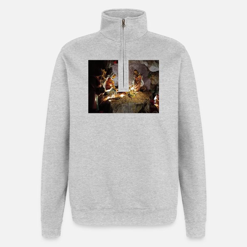 Illuminierte Krippe zwischen Steinen - Quarter-Zip-Sweatshirt - Grau meliert