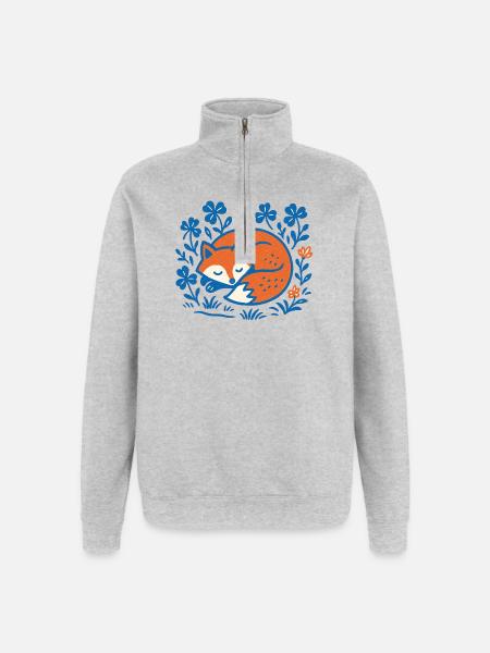 Schlafender Fuchs im Blumen-Nachtgarten - Quarter-Zip-Sweatshirt - Grau meliert