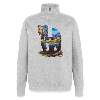 Wander Bär Berge See Retro Natur Design - Quarter-Zip-Sweatshirt - Grau meliert - Vorne - AI Model Female 172 light (172cm) & AI Model Male 178 dark (178cm)