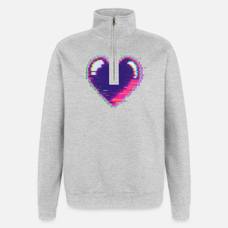 Cœur glitch néon Pixel Amour Nerd - Sweat à zip 1/4 - gris chiné