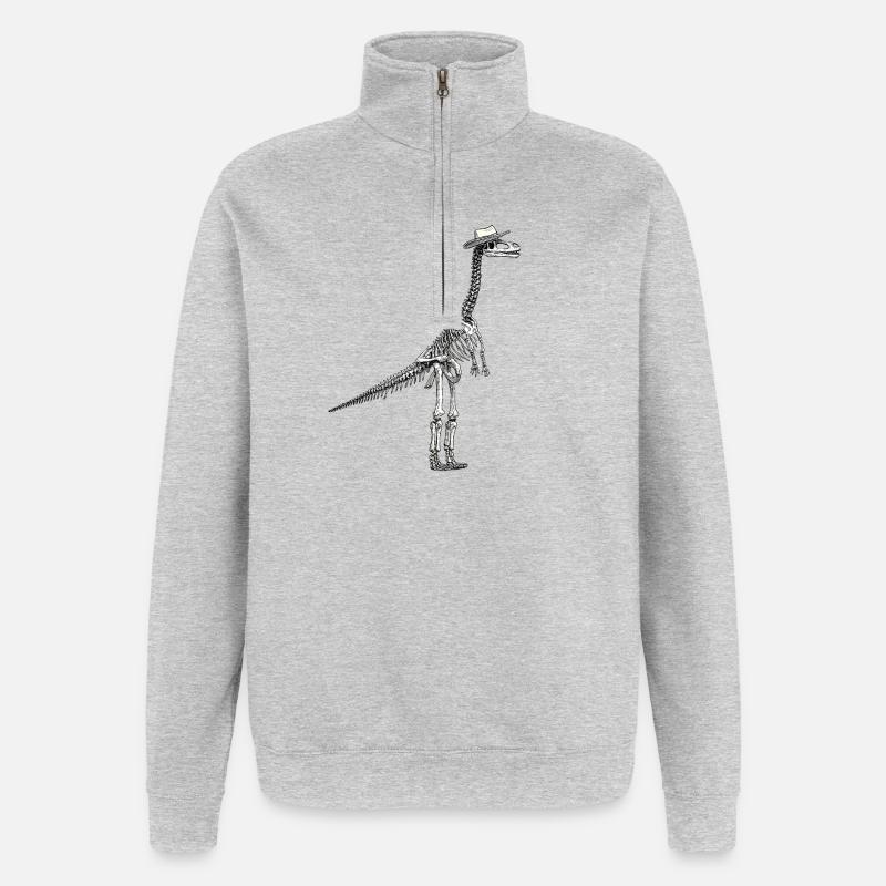 Skelett Dino mit Hut Gentleman Design - Quarter-Zip-Sweatshirt - Grau meliert
