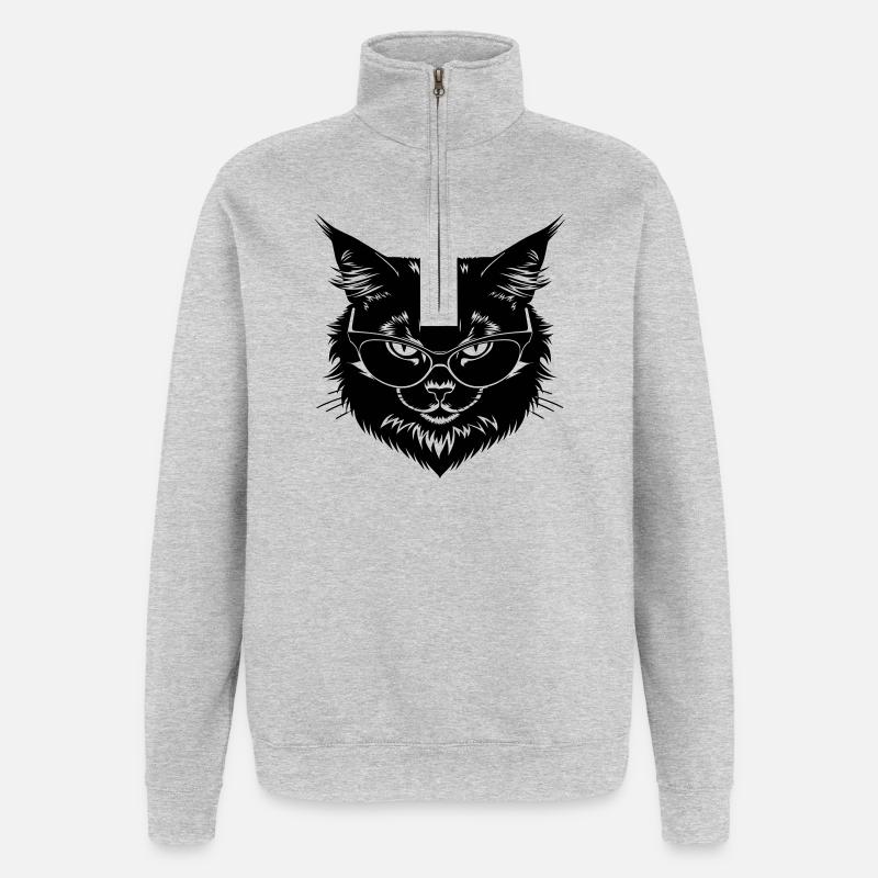 Schwarze Katze mit Brille - Quarter-Zip-Sweatshirt - Grau meliert