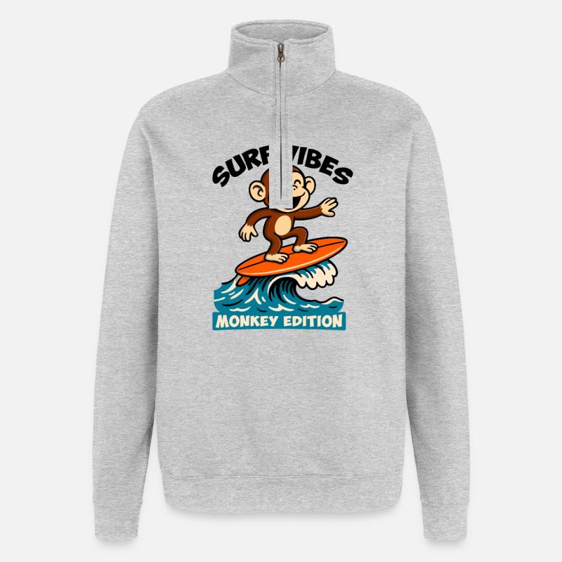 Surf Vibes, Monkey Edition. Glücklicher Surfaffe - Quarter-Zip-Sweatshirt - Grau meliert