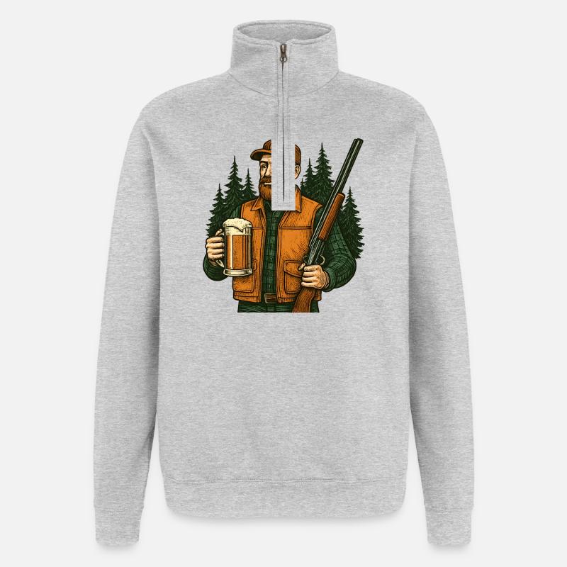 Waldjäger mit Bier und Gewehr - Quarter-Zip-Sweatshirt - Grau meliert
