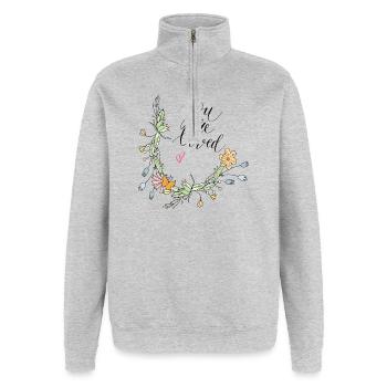 Vrille de fleur - Sweat à zip 1/4 - gris chiné - Devant - AI Model Female 172 light (172cm) & AI Model Male 178 dark (178cm)