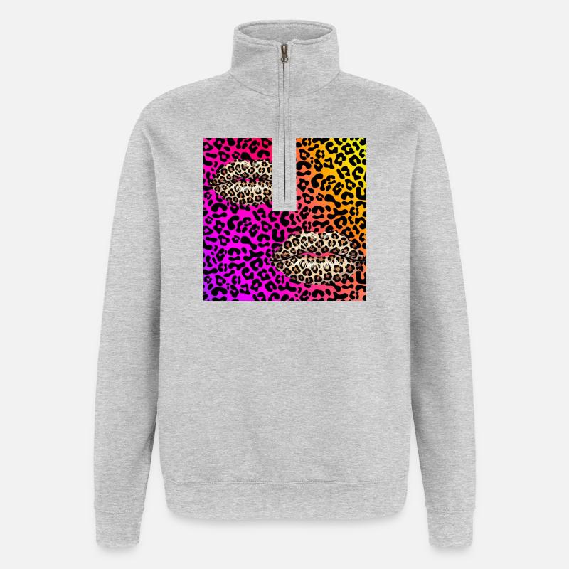 Leopard Lips on Neon Gradient - Quarter-Zip Sweatshirt - heather grey